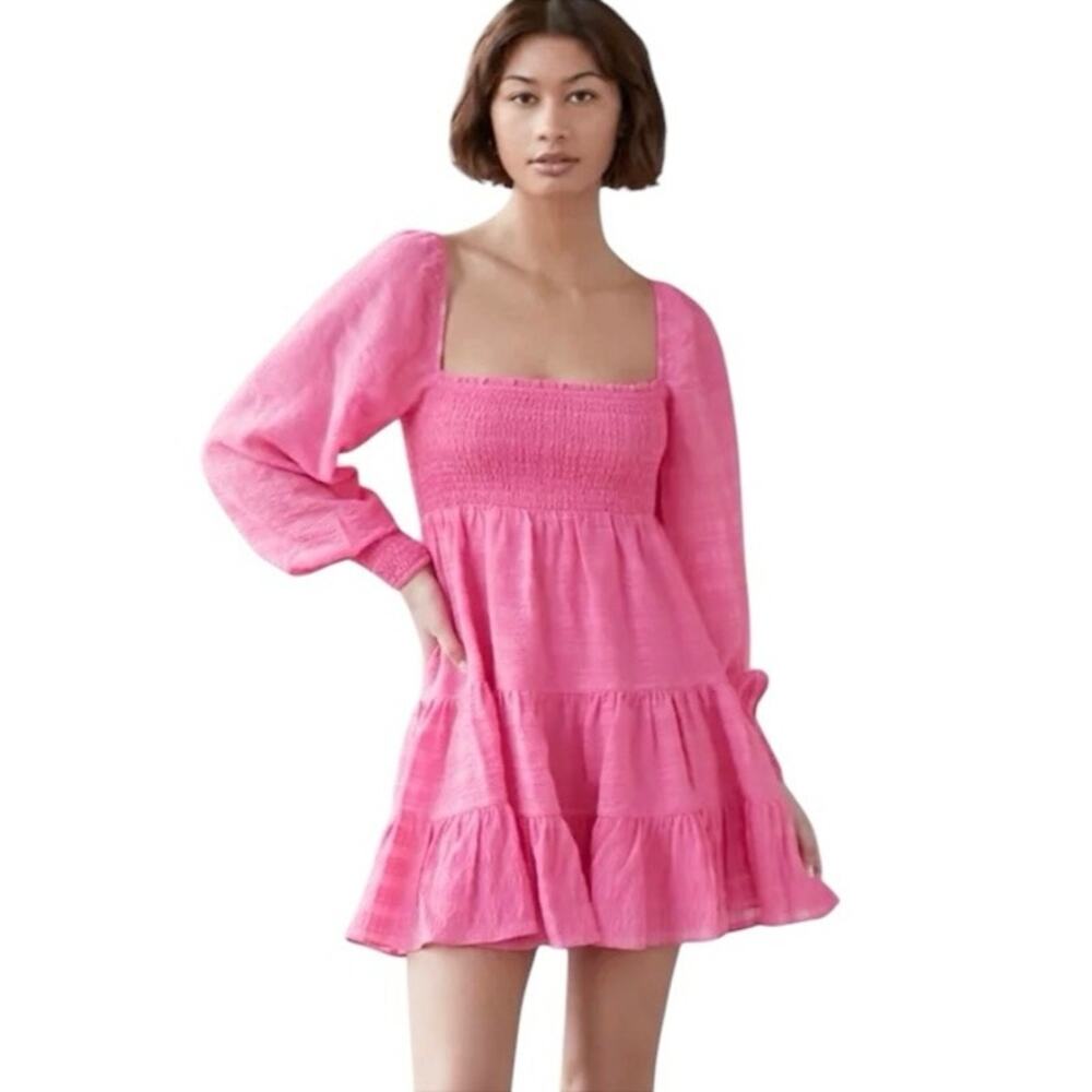 Urban Outfitters River Smocked Long Sleeve Mini Dress in Pink Size Medium